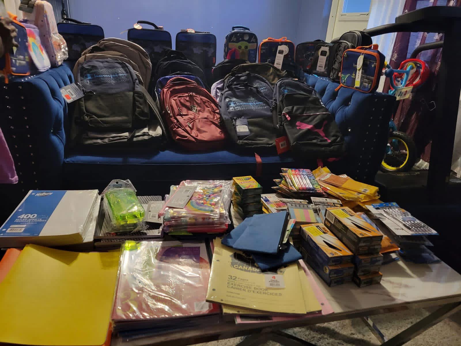 Donated backpacks and school supplies